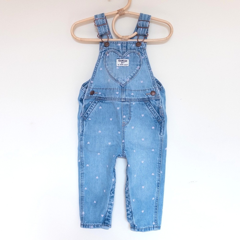 OshKosh B'gosh Denim Overalls Blue Heart Print Bib Pocket Baby Girls 12 Months